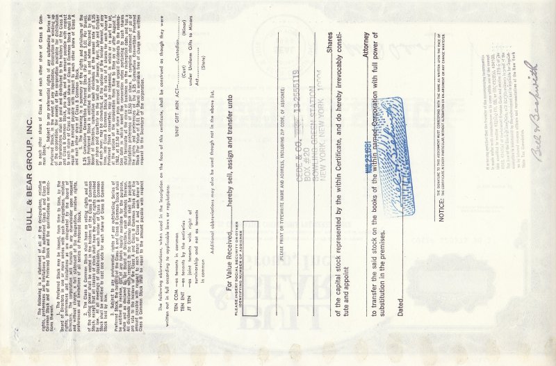 Bull & Bear Group, Inc. Stock Certificate, reverse of certificate
