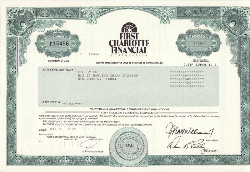 First Charlotte Financial Corporation Stock Certificate