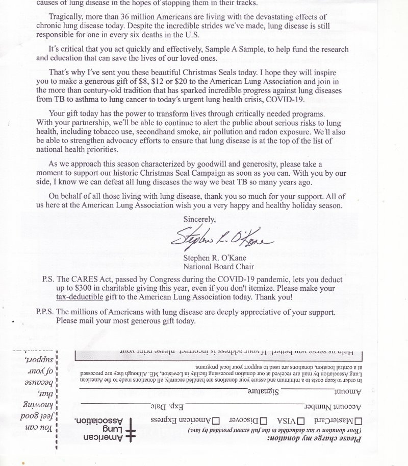 ACL120-1.1, 2020 ALA National Christmas Seal Campaign Letter, Oregon - bottom half of letter front