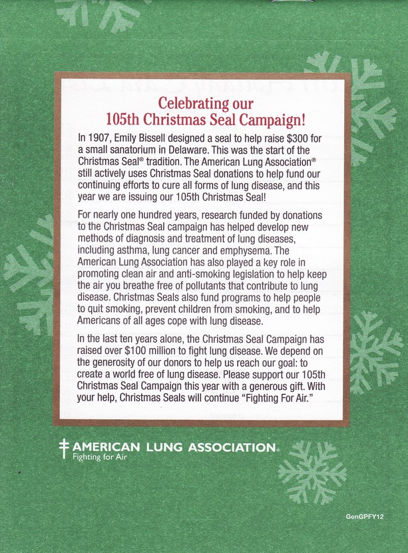 111-T1.9x1, 2011 ALA U.S. Test Design Christmas Seal Gift Tag Booklet, GenGPFY12, reverse of booklet