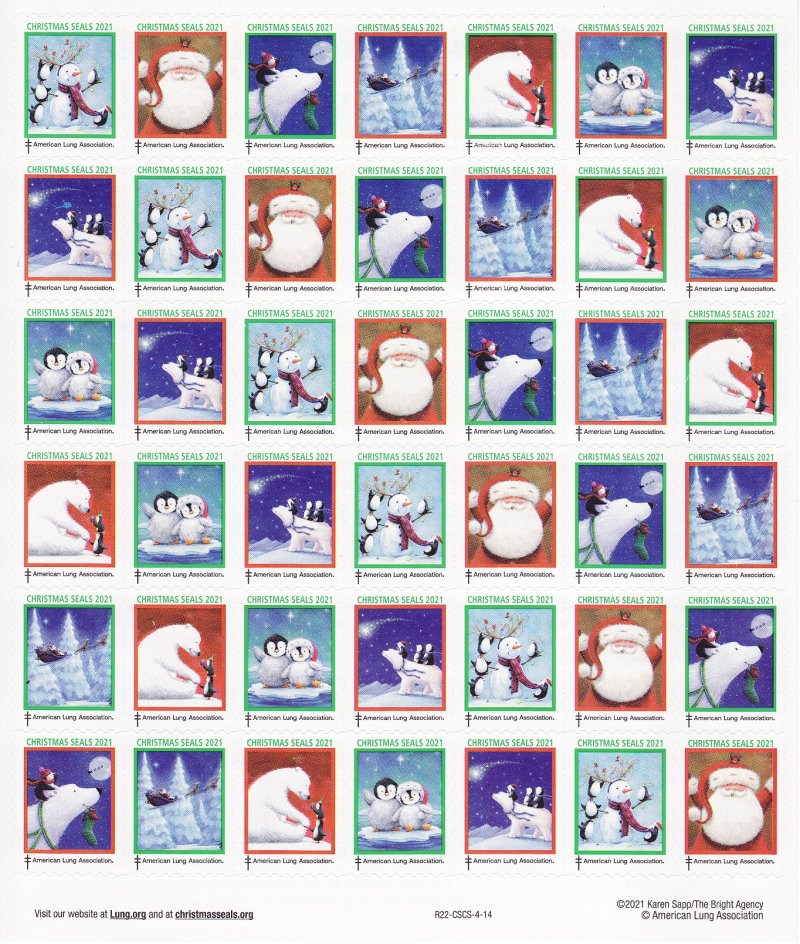  121-T3x, 2021 ALA Test Design U.S. Christmas Seals Sheet, R22-CSCS-4-14