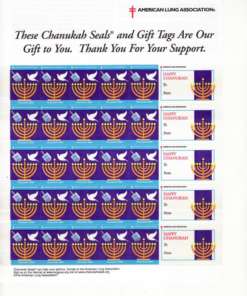 100-T13xA, 2000 ALA Chanukah TB Charity Seals Sheet, Menorahs