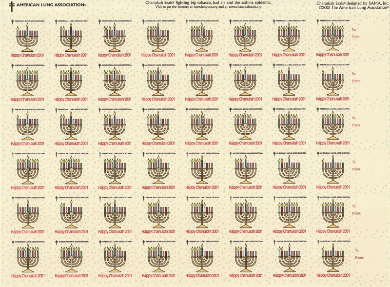 101-T5xB, 2001 ALA Chanukah TB Charity Seals Sheet, Menorahs