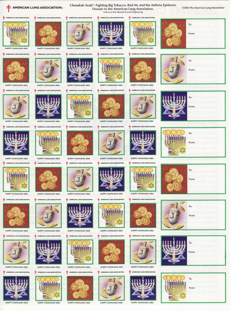 102-T5x, 2002 ALA Chanukah TB Charity Seals Sheet, Chanukah Symbols