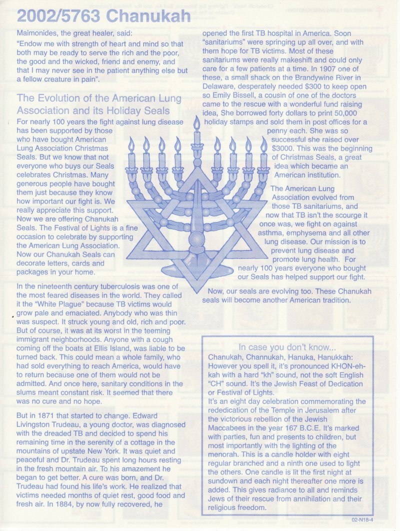 102-T5x, 2002 U.S. Chanukah Charity Seals Sheet, Chanukah Symbols, reverse of sheet