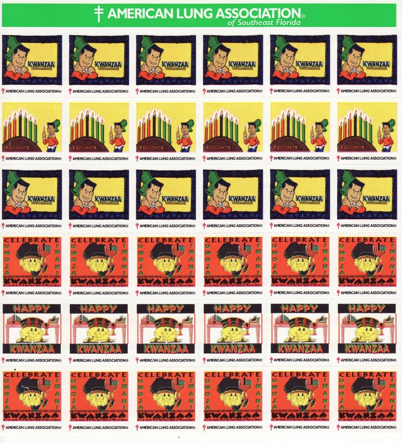 101-T12x, 2001 ALA Kwanzaa Charity TB Seals Sheet, roulette 9½