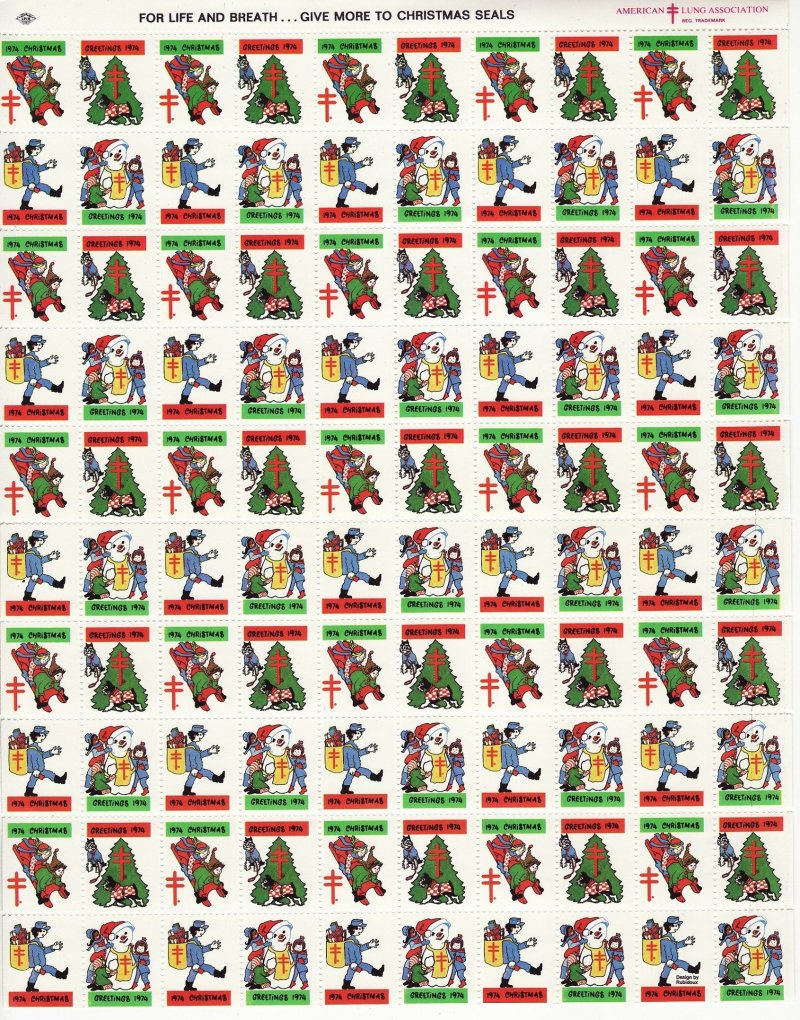   74-1x, WX252, ALA 1974 U.S. Christmas Seals Sheet, pm E 