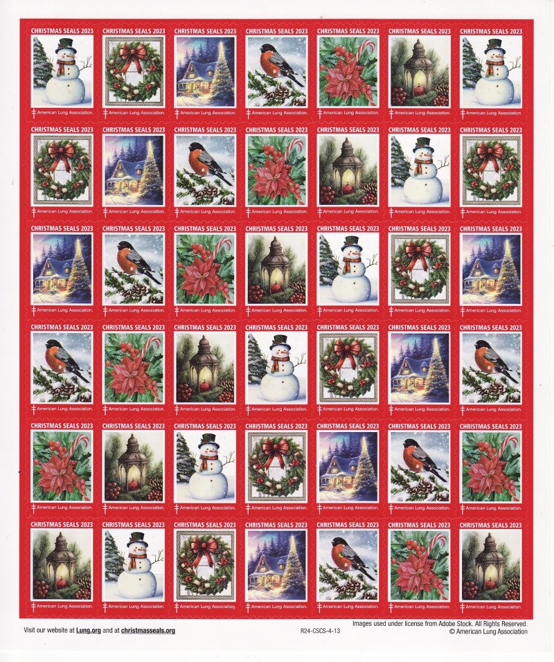  123-T3x, 2023 ALA Test Design U.S. Christmas Seals Sheet, R24-CSCS-4-13