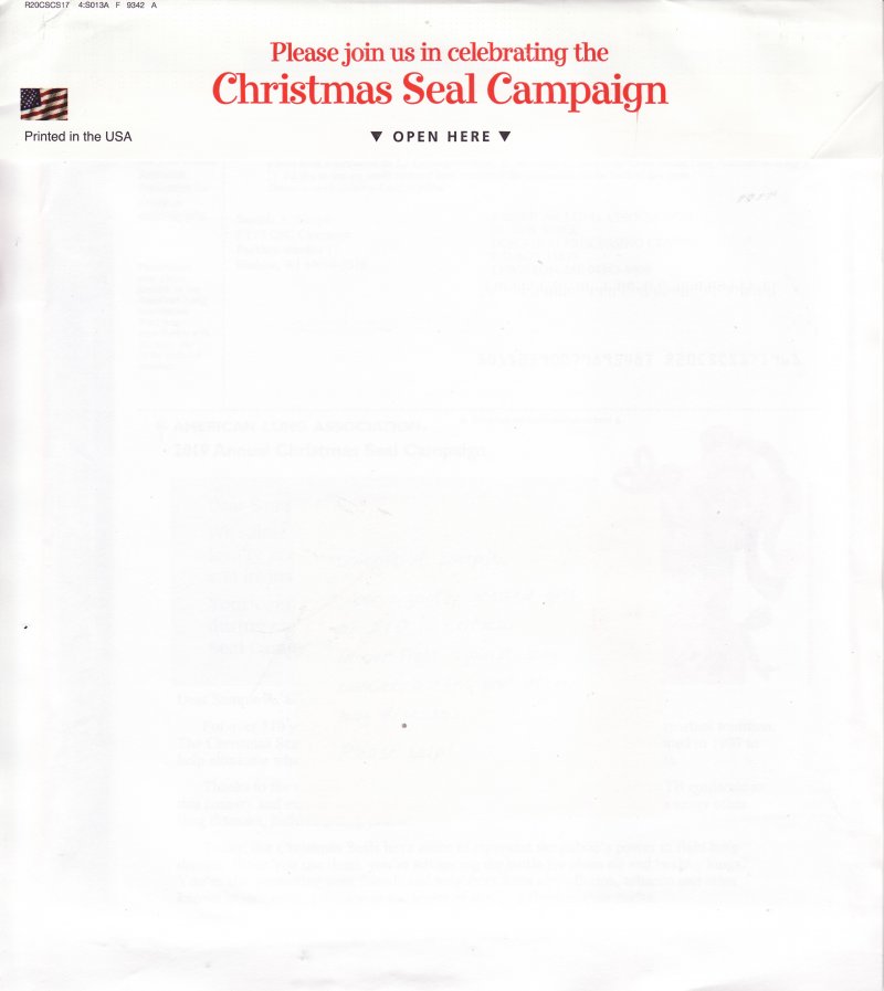119-1.7ac, 2019 ALA National Design U.S. Christmas Seal Annual Packet, reverse of packet