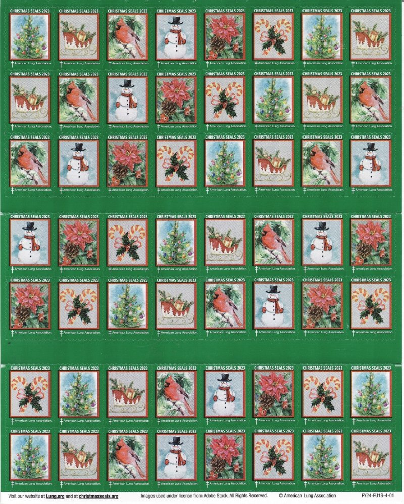   123-1x2, 2023 ALA National Design U.S. Christmas Seals Sheet, FY24-FU1S-4-01