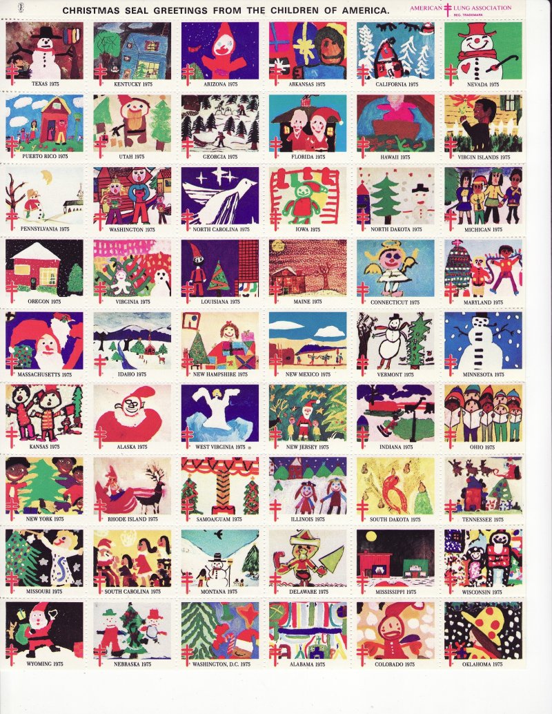 75-2x, WX254, ALA National Design 1975 U.S. Christmas Seals Sheet, pm F, shiny gum, GAU Union Label, reverse of sheet