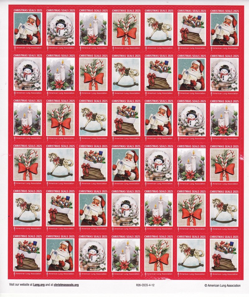  125-T1x, 2025 ALA Test Design U.S. Christmas Seals Sheet, R26-CSCS-4-12