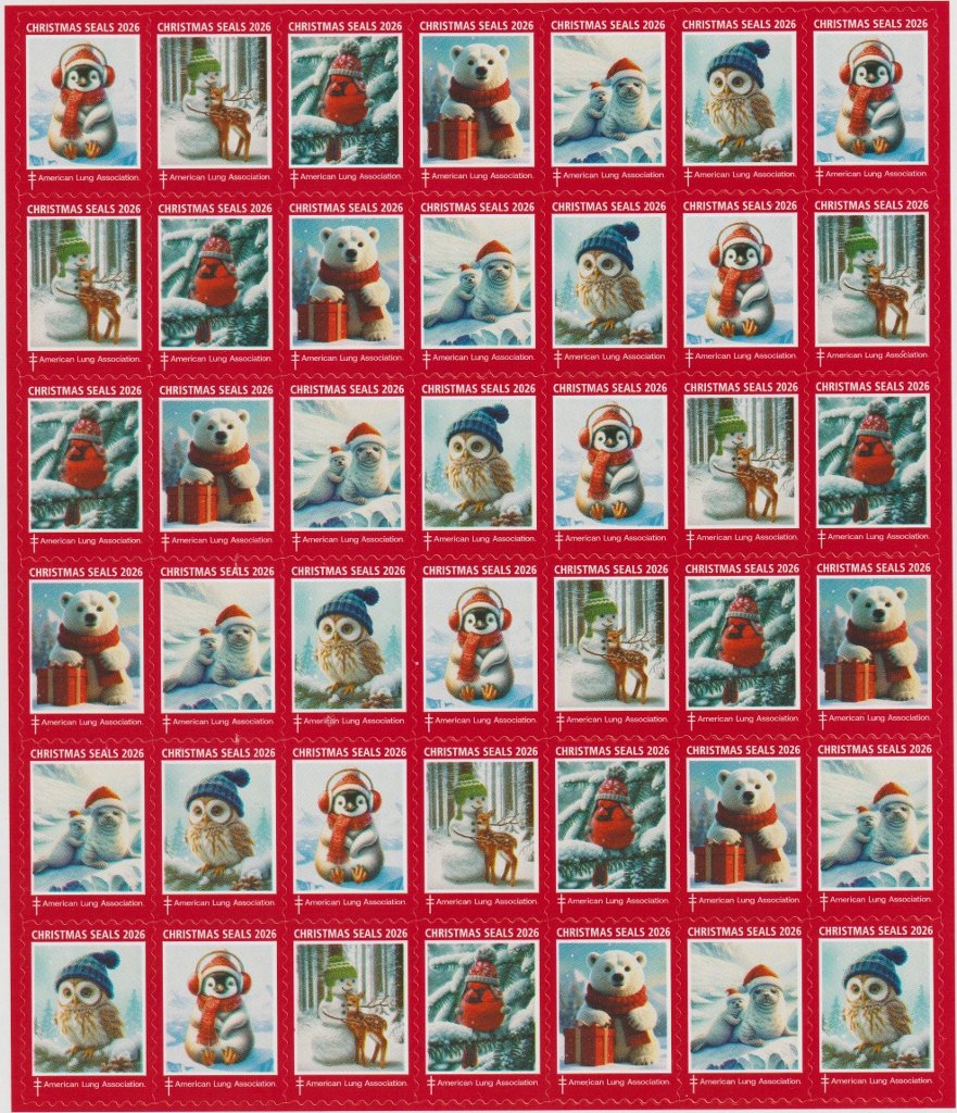 126-T1x, 2026 ALA Test Design U.S. Christmas Seals Sheet, R27-CSCS-4-10