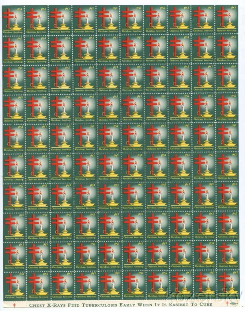 1952-4x2, 1952 U.S. Christmas TB Seals, Sheet/100, pm U, MNH