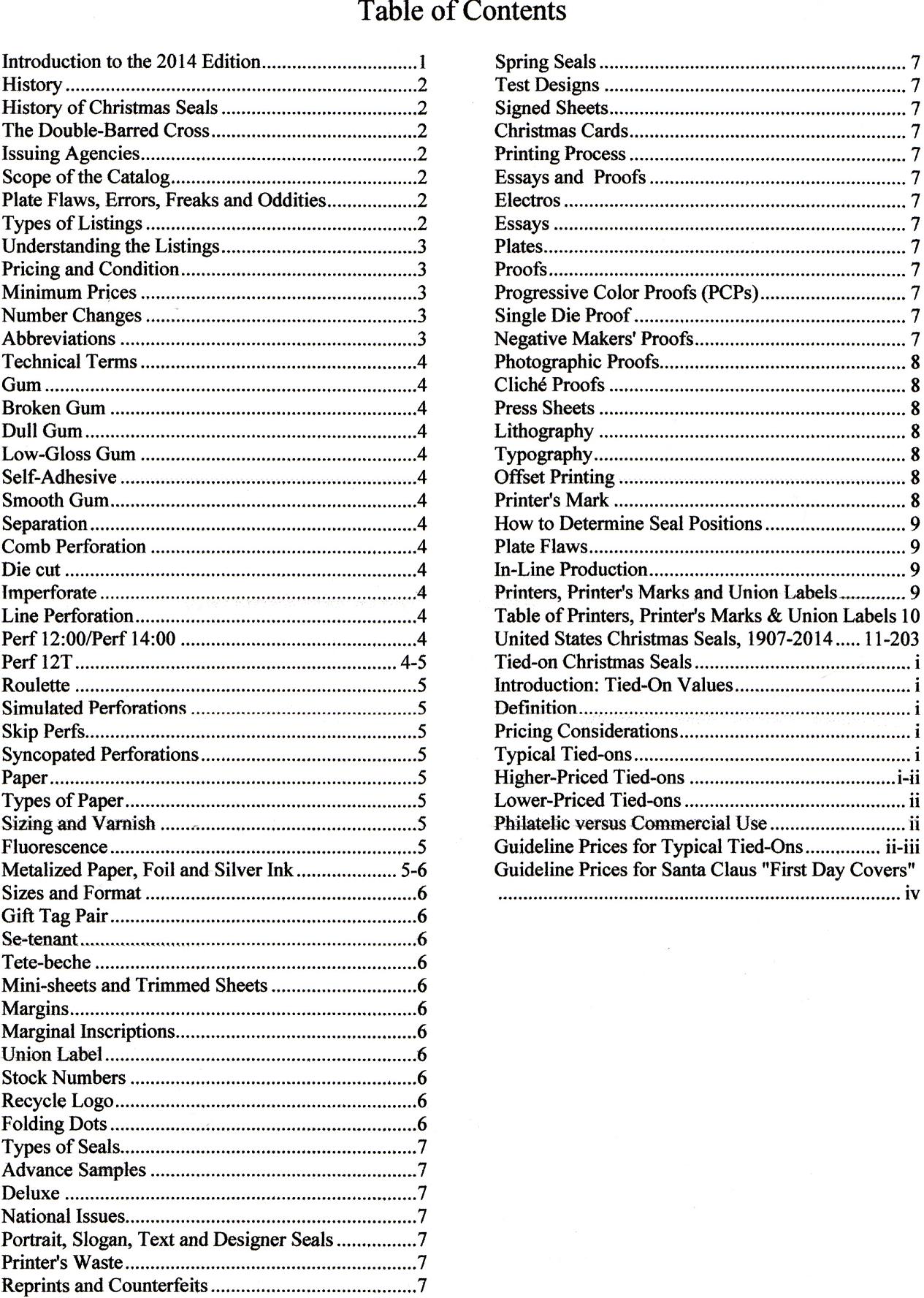 Green's Catalog, TB Seals of the World, Part 1, U.S. National Christmas Seals, 2014 ed., CD - Table of Contents