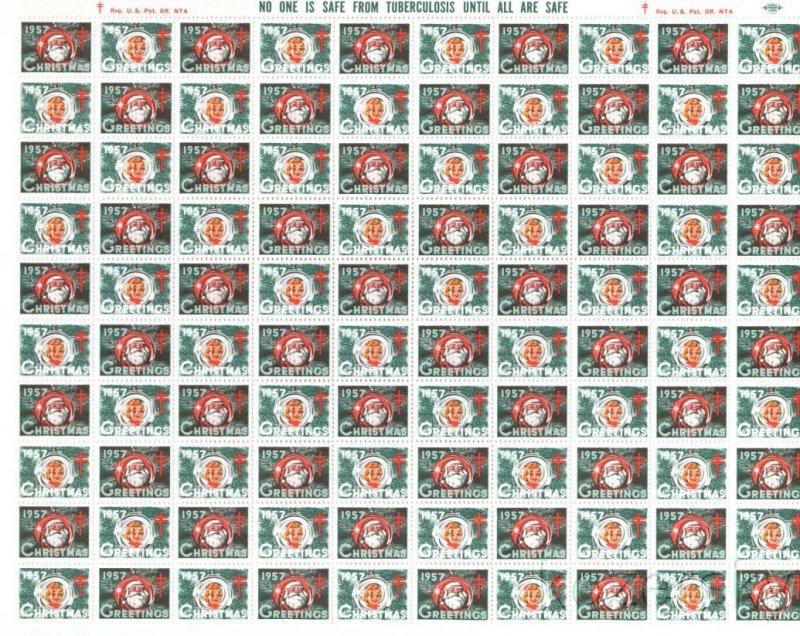 1957-1x, 1957 U.S. Christmas TB Seals, Sheet/100, pm E, MNH