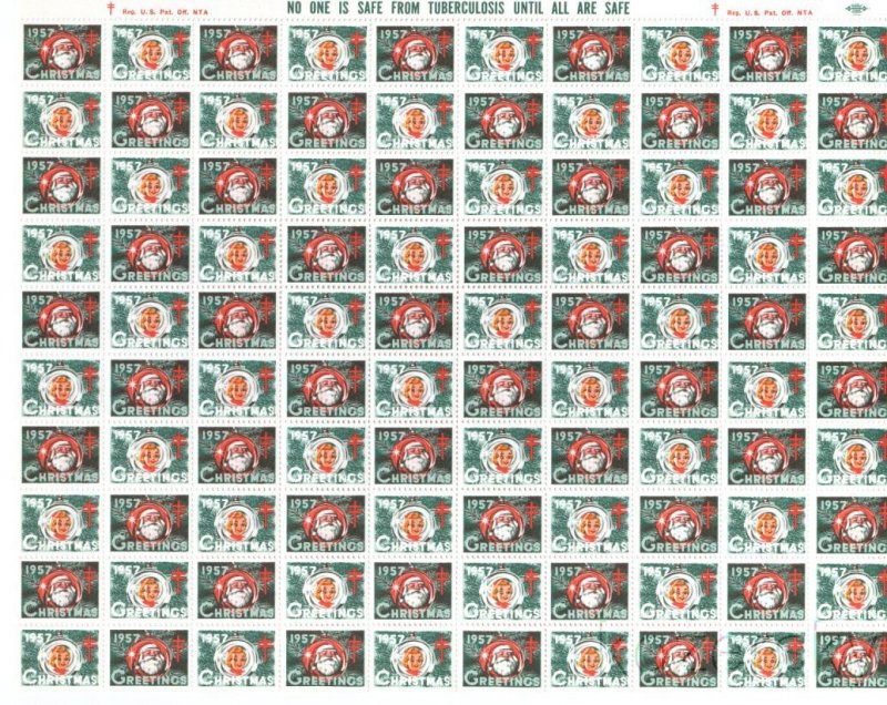 1957-2.3x, 1957 U.S. Christmas TB Seals, Sheet/100, pm D, MNH