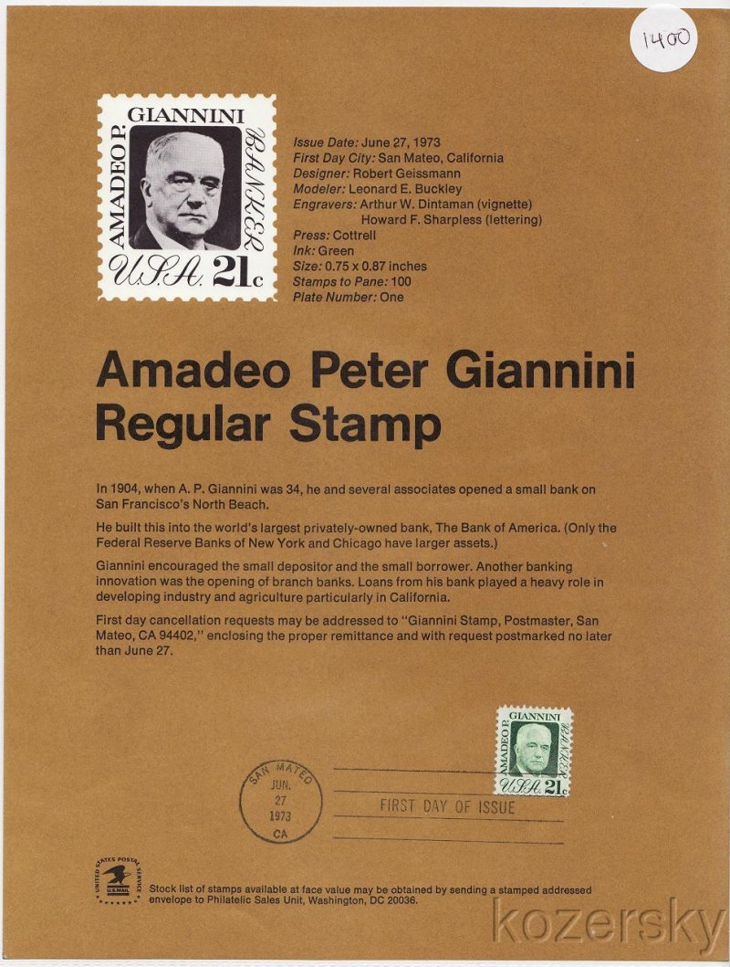 U.S. 1400, Amadeo Peter Giannini Stamp USPS Official Souvenir Page
