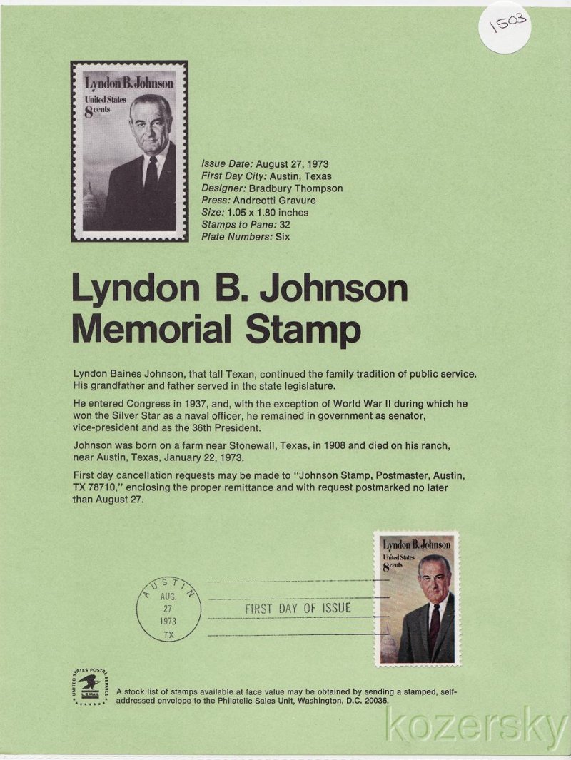 U.S. 1503, Lyndon B. Johnson Memorial Stamp USPS Official Souvenir Page