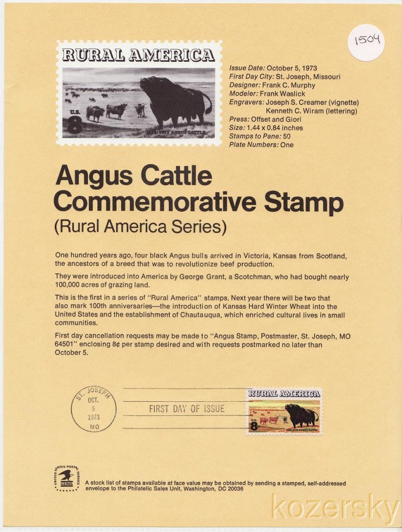 U.S. 1504, Angus Cattle Commemorative Stamp USPS Official Souvenir Page