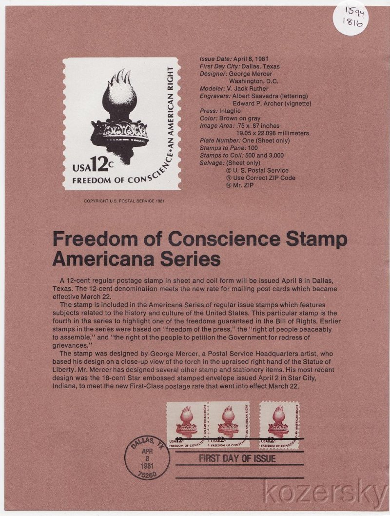 U.S. 1594, 1816, Freedom of Conscience Stamp, USPS Official Souvenir Page