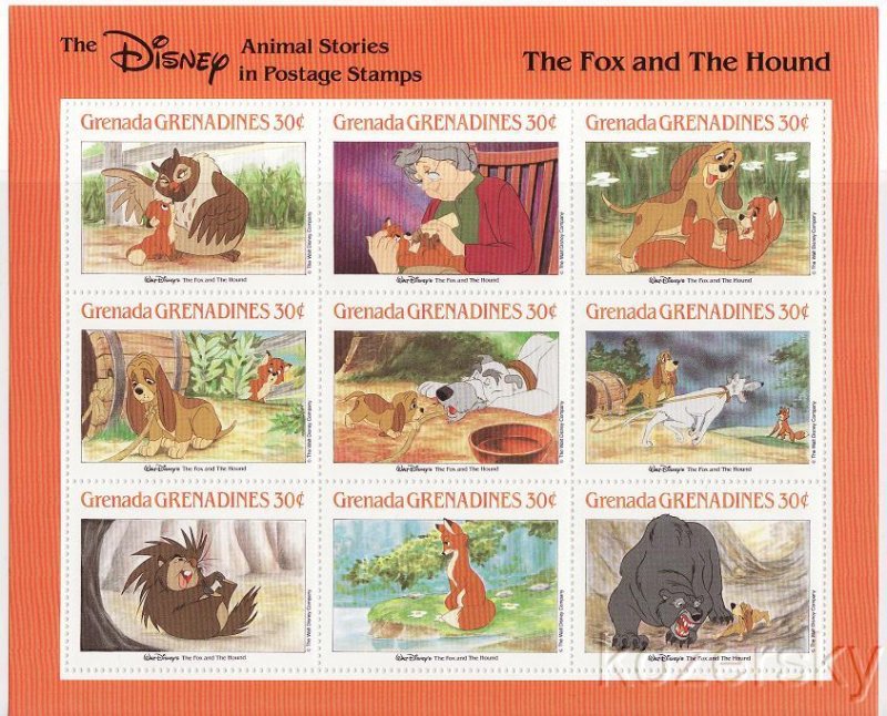 Grenada Grenadines, 987a-i, Disney, Fox and the Hound Stamps, sheet of 9 stamps