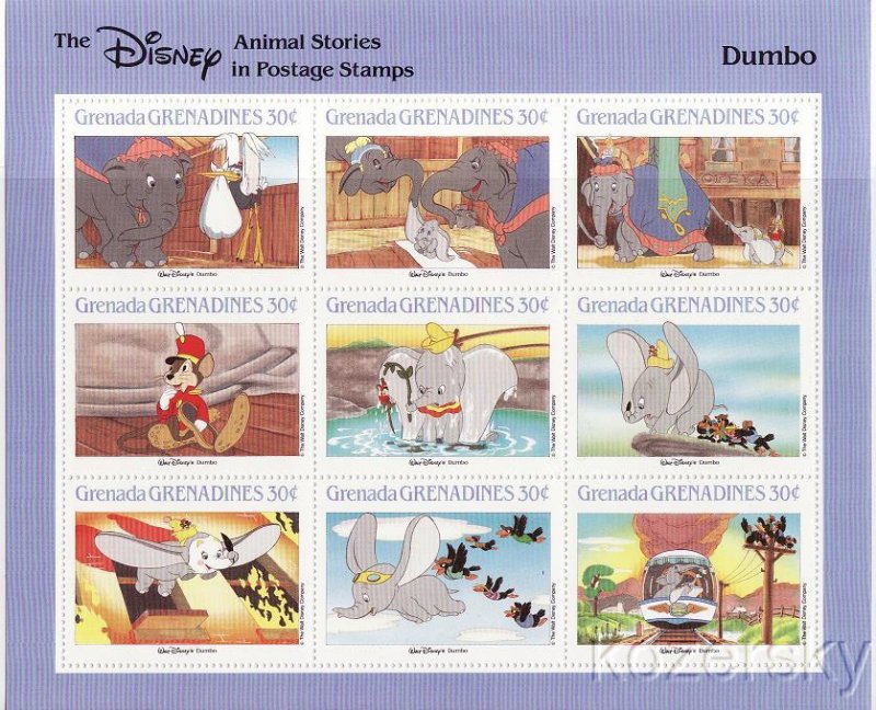 Grenada Grenadines 989a-i, Disney Dumbo Animal Stories Stamps Sheet