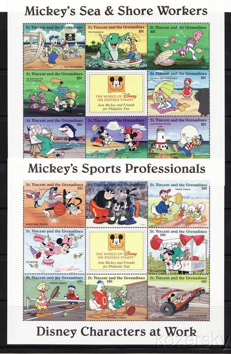 St. Vincent 2248a-53a, Disney Characters At Work Stamps Sheet Collection