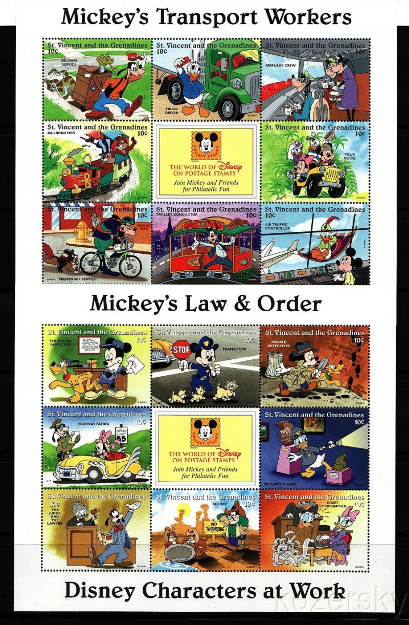 St. Vincent 2248a-53a, Disney Characters At Work Stamp Sheets Collection