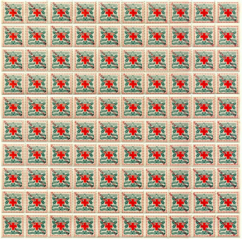 9-1421x, 1909 U.S. Red Cross Christmas Seal Sheet, New Hampshire Overprint
