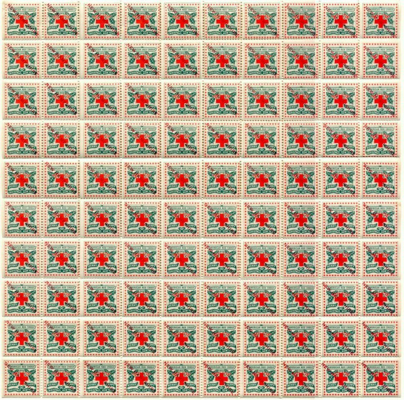 9-1421x, 1909 U.S. Red Cross Christmas Seal Sheet, New Hampshire Overprint