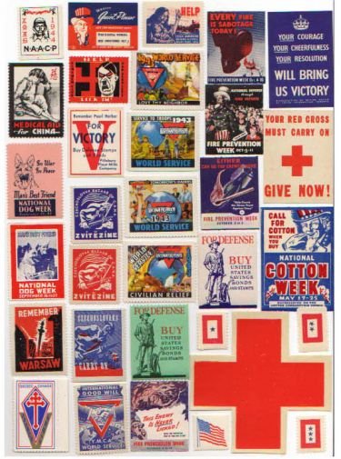 WWII Patriotic Poster Stamps, 64 different stamps