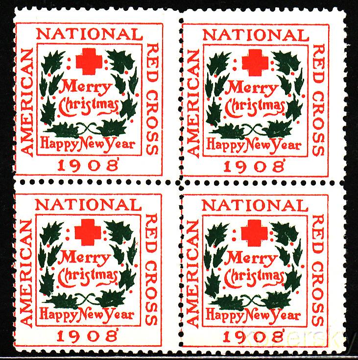 1908-1A, WX3, U.S. Red Cross Christmas Seals Block, Type 1A 