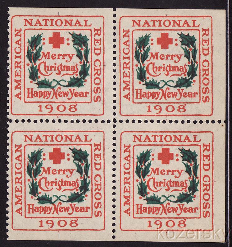 1908-2.2, WX4a, 1908 U.S. Red Cross Christmas Seals Block, Type 2