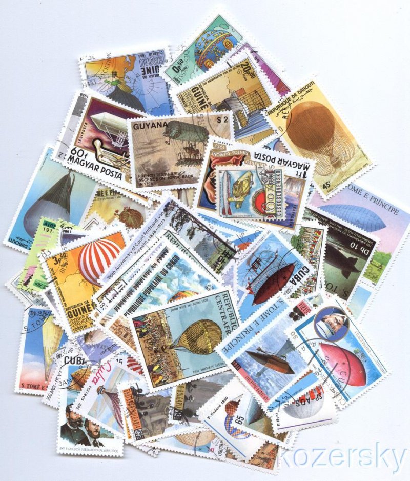 Balloons & Zeppelins on Stamps, Topical Stamp Packet,  50 different stamps