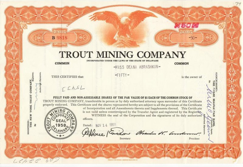 Trout Mining Company Stock Certificate