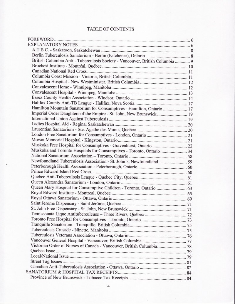 Green's Catalog, Canada Local TB Charity Seals, 2011 ed., CD, Table of Contents