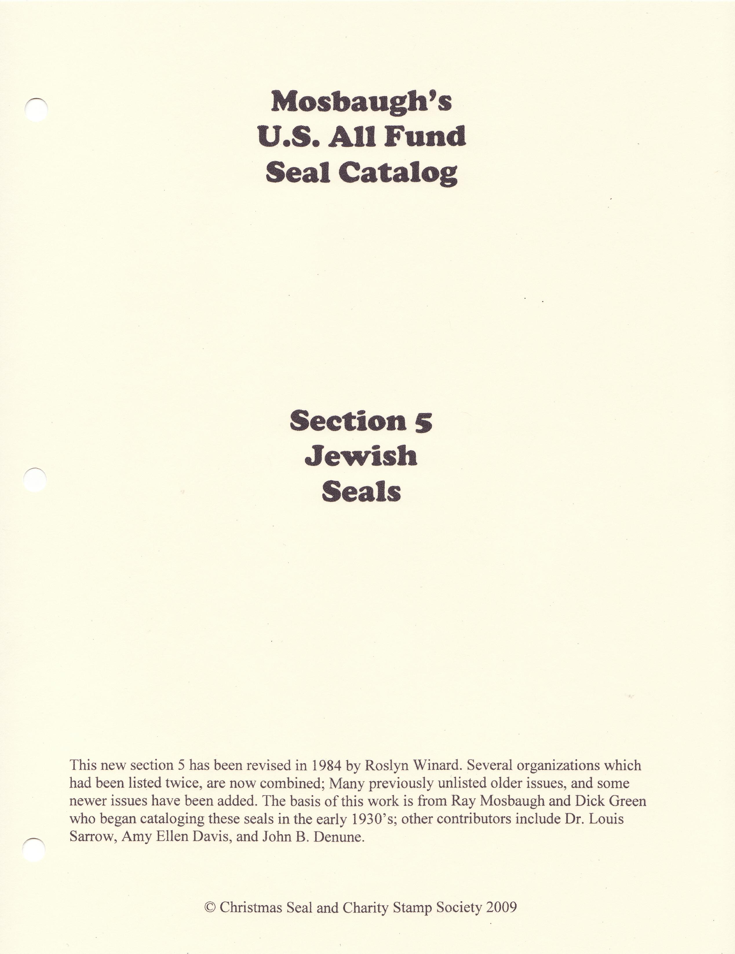  Mosbaugh's Catalog, Sec. 5, Jewish Charity Seals, 1962 ed., Rev. 1984