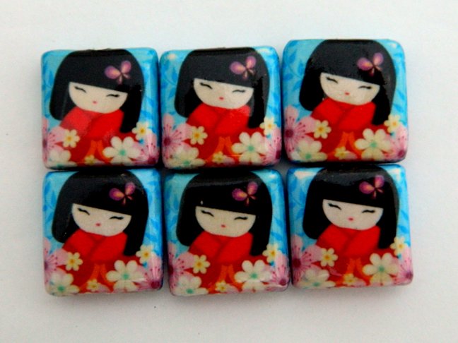 Japanese Dolls in Red Kimono with Blue Backing Wood Decoupage Beads