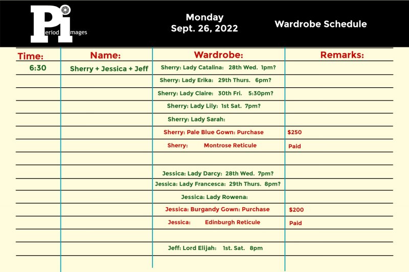 Image 1 of Sept. 26, 2022: MONDAY: Wardrobe Fitting Appointments 