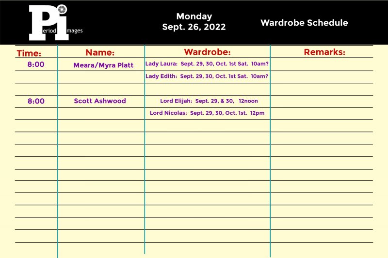 Image 2 of Sept. 26, 2022: MONDAY: Wardrobe Fitting Appointments 