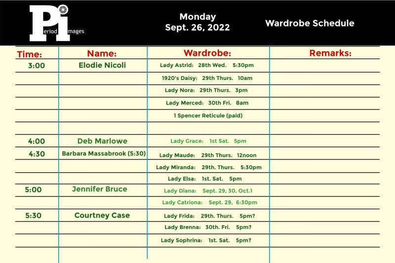 Image 0 of Sept. 26, 2022: MONDAY: Wardrobe Fitting Appointments 