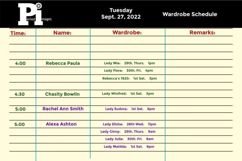 Image 1 of Sept. 27, 2022: TUESDAY: Wardrobe Fitting Appointments 