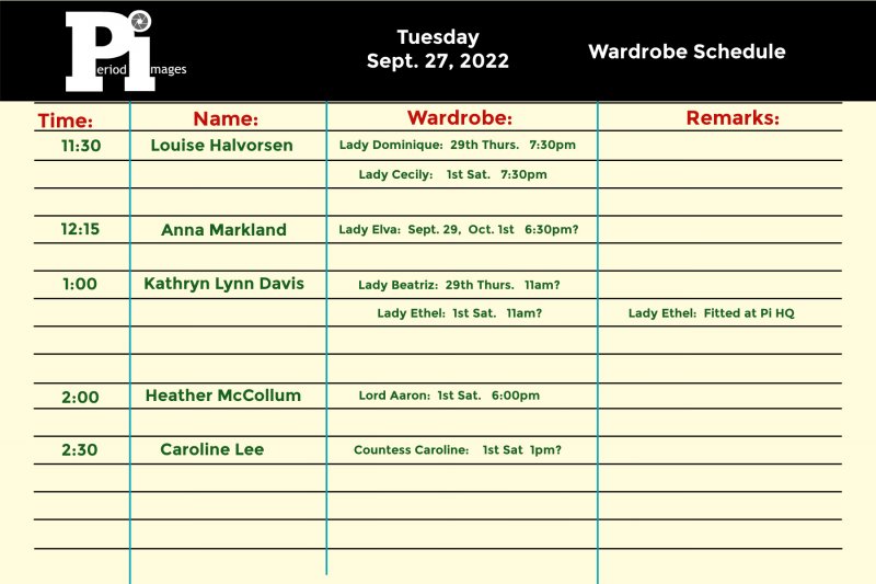 Image 0 of Sept. 27, 2022: TUESDAY: Wardrobe Fitting Appointments 