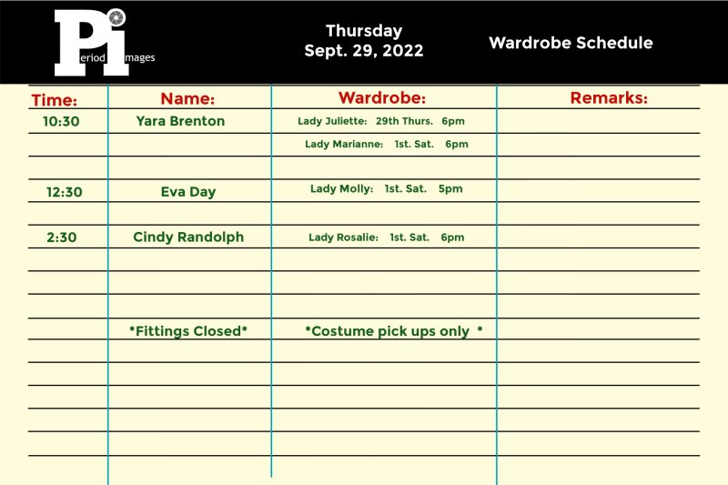 Image 0 of Sept. 29, 2022: THURSDAY: Wardrobe Fitting Appointments 