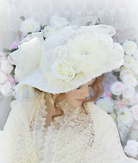 Image 1 of Roses and Pearls Ivory Creme Victorian Bridal Hat