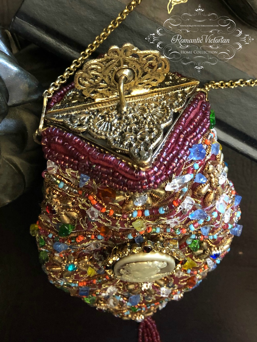 Image 2 of Victorian Beaded Reticule / Purse with Cameo 