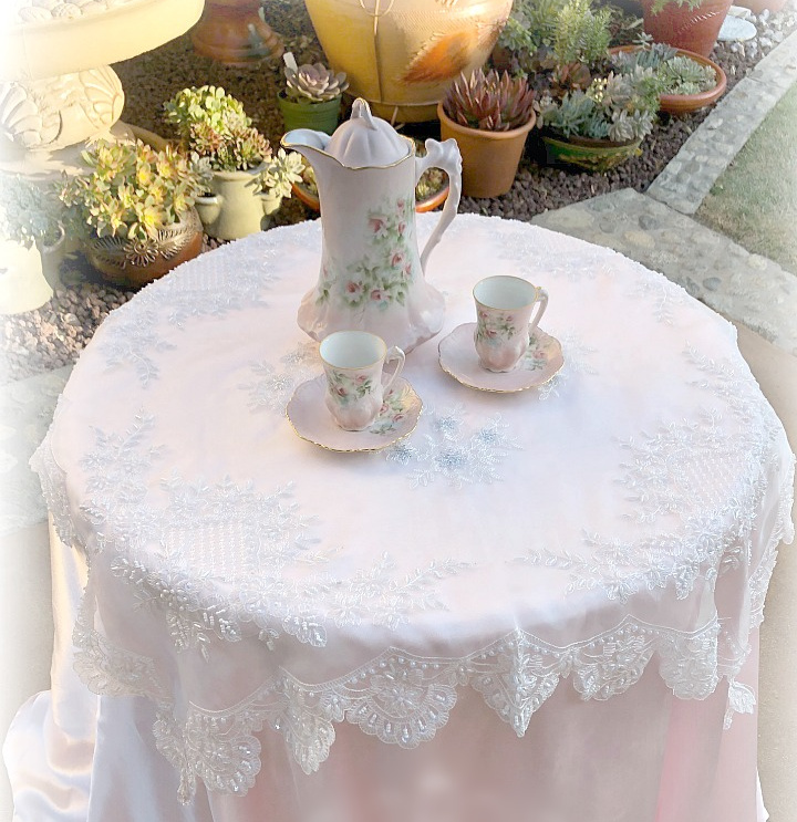 Image 1 of Romantic Victorian Tea Table Beaded Topper with Silver Accent