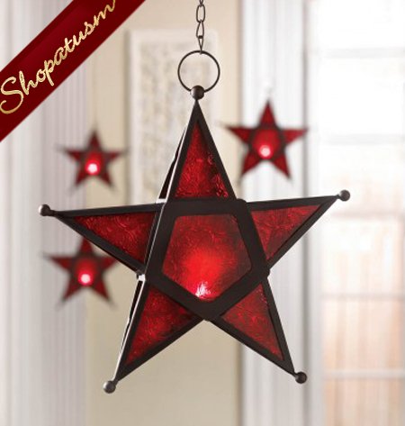 24 Hanging Red Glass Star Candle Holders Lanterns