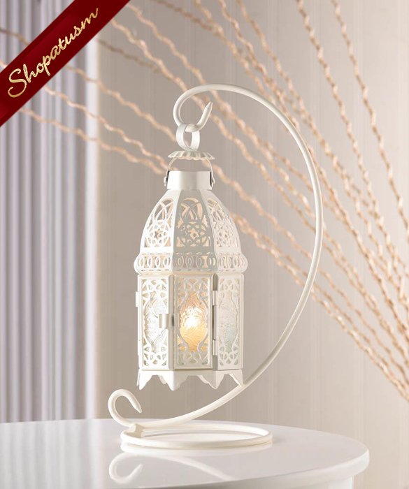 Hanging White Moroccan Glass Lantern with Stand